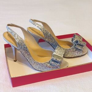 Kate Spade Silver Glitter Slingback Bow Heels